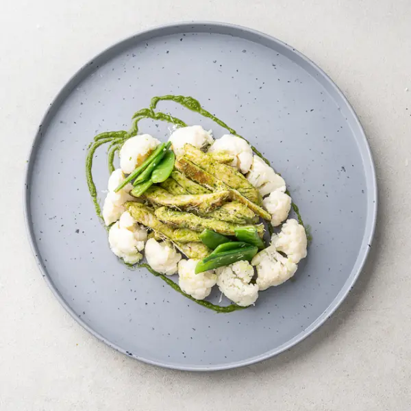 Pesto-Glazed Chicken Parmigiano With Snap Peas & Cauliflower